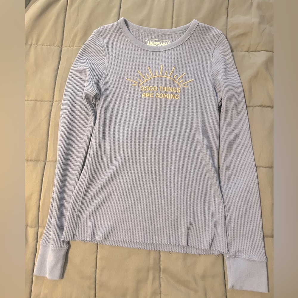 American Eagle Outfitters Blue Embroidered Waffle Knit Long Sleeve